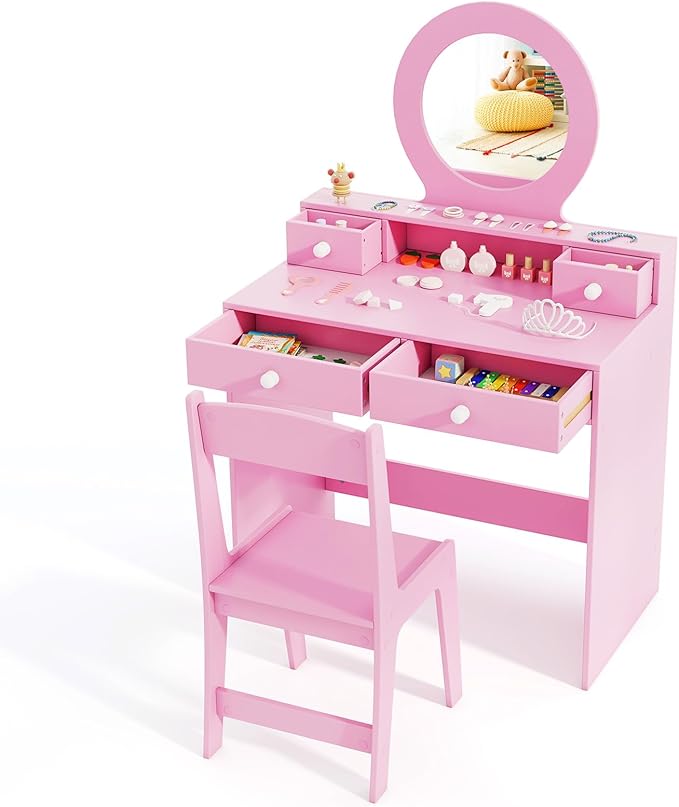 HONEY JOY Kids Vanity, Little Girls Vanity Set with Mirror and Stool, Drawers, Toddler Makeup Vanity Dressing Table, Wooden Pretend Play Kids Vanity Table and Chair Set (Pink)