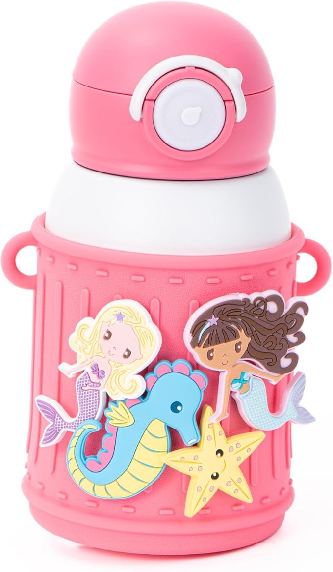 Kids Insulated Tumbler Set – 16 oz Stainless Steel Bottle with 2 Lids (Straw + Pour), Screw-On Cup, Adjustable Strap, Silicone Sleeve + 8 Charms – BPA-Free, Gift-Ready (Mermaid)