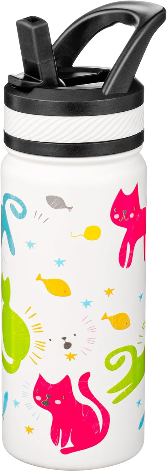 Fanhaw 18 Oz Kids Insulated Water Bottle with Straw - Stainless Steel Double Wall Vacuum Cup, Leakproof, BPA Free, Suitable for Boys and Girls(White - Cats)
