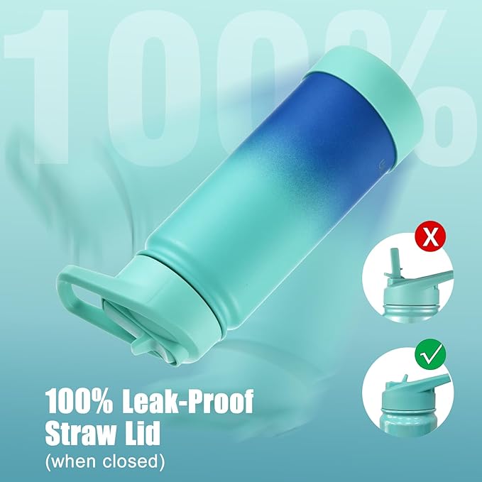 mininoo Kids Water Bottle for School, 16oz Stainless Steel Insulated Water Bottle Kids with Straw Lid for Girls, Boys (Sky/Blue)