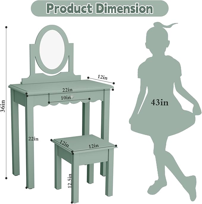 HLR Kids Vanity,Little Girls Vanity Set with Mirror and Stool,Wooden 2 in 1 Princess Makeup Desk Dressing Table with Detachable Top, Toddler Vanity Dresser Set with Drawer for Little Girls,Green