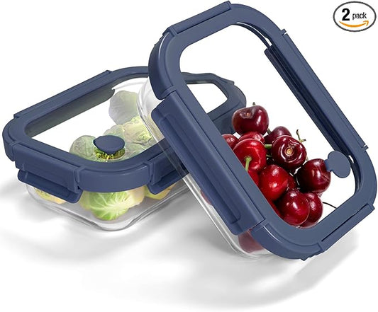 2-Pack Glass Food Storage Containers with Tempered Lids (21.3oz/2.7cup) - Airtight Snap Lock, Microwave & Oven Safe (-4℉~ 950°F), Freezer to Baking Dish, BPA-Free, Gift Box (Blue)