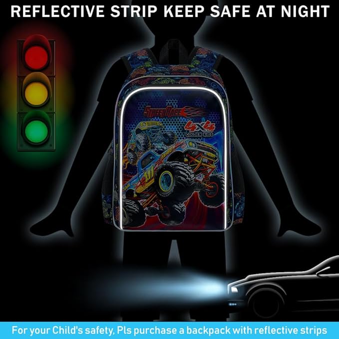 16" Monster Truck Backpack, 3Pcs Boy Bookbag for Elementary Preschool Kindergarten, Kids School Backpacks with Lunch Box (Black)