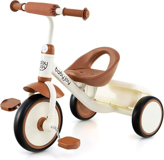 BABY JOY Toddler Tricycle, Kids Trike with Adjustable Seat and Storage Basket for Boys Girls Indoor and Outdoor Riding, Toddler Trike for Baby 3-5 Years Old (Beige)