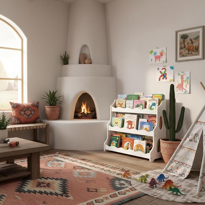 Kids Bookshelf Wooden Montessori Book Shelf Dutch Design 3Tier Scalloped White Gift