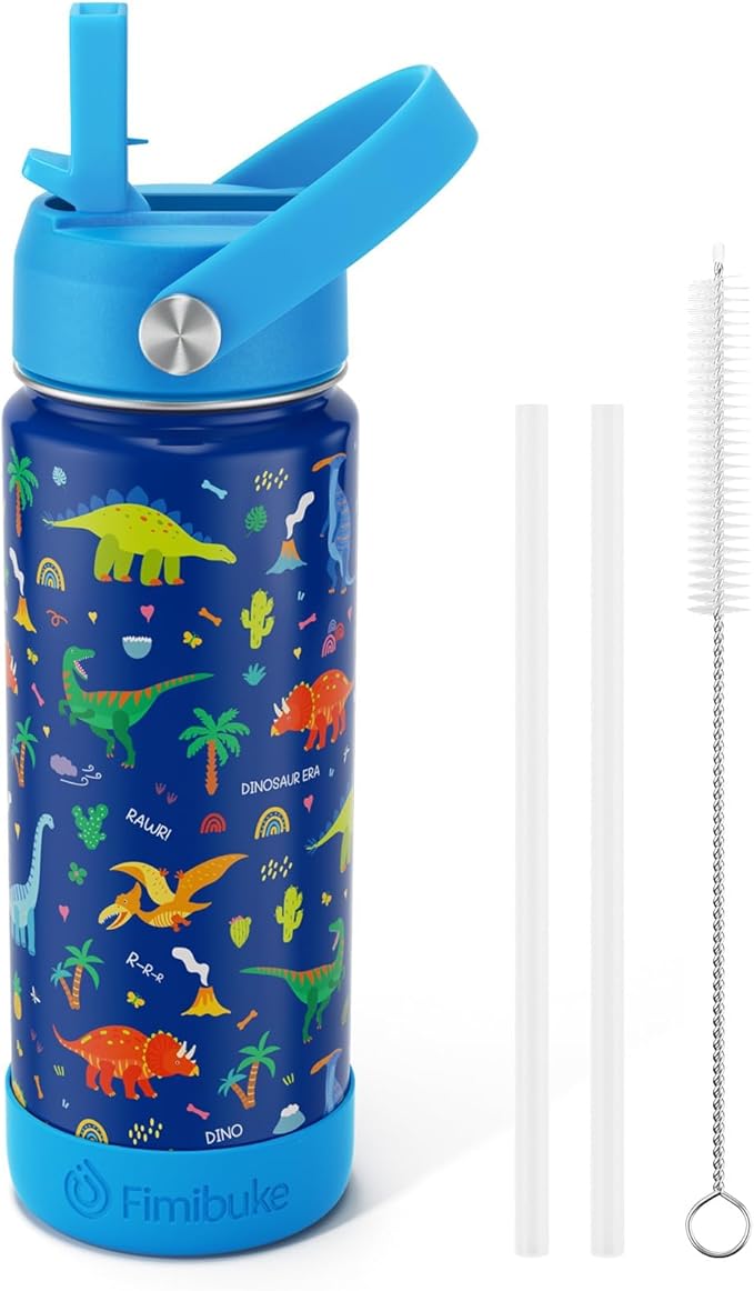 Fimibuke Kids Insulated Water Bottle, 18oz BPA FREE 18/8 Stainless Steel Kid Cup with Straw Travel Tumbler Double Wall Vacuum Leak Proof Toddler Water Bottle for School Boy Girl(1 Pack,Blue Dinosaur)