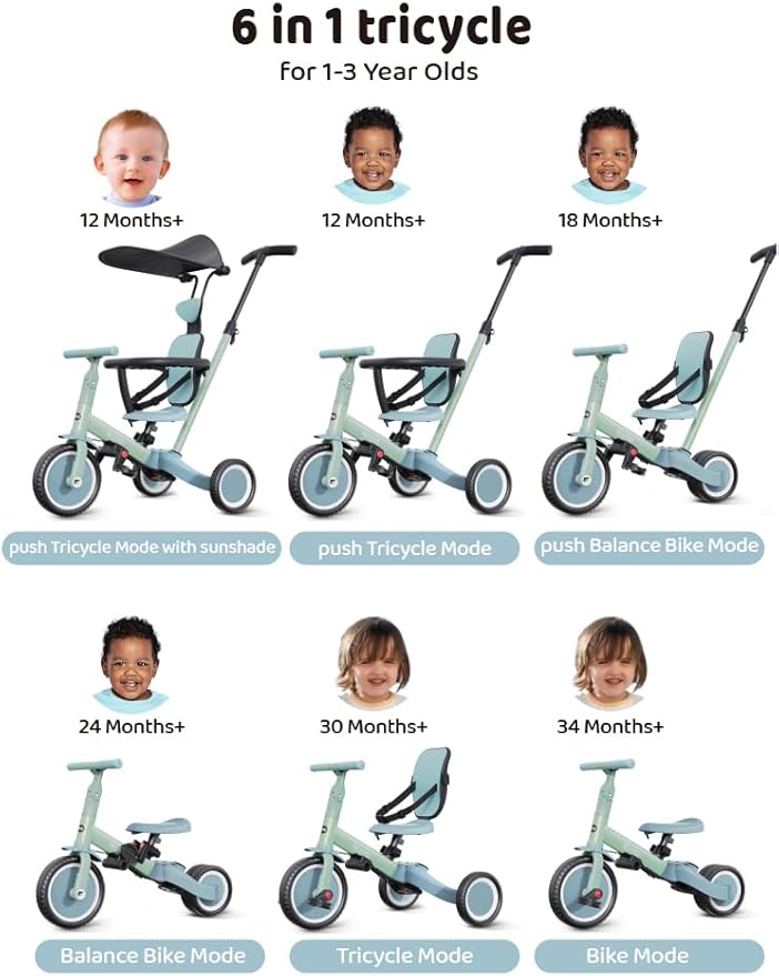 newyoo Toddler Bike, Tricycle for Toddlers 1-3, Toddler Tricycle with Push Handle and Canopy, Birthday Gift and Toys for Girl and Boy, 6 in 1 Baby Trike, Balance Bike, TR009, Green