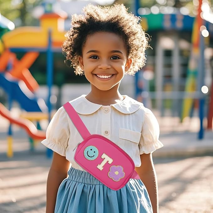 Fanny Pack for Girls Pink Kid Crossbody Bag Chenille T Letter Preppy Belt Bag, Christmas Birthday Easter Gifts for Teen Daughter Sister, Personalized Nylon Purse for 4 5 6 7 8 9 10 Year Old Girls