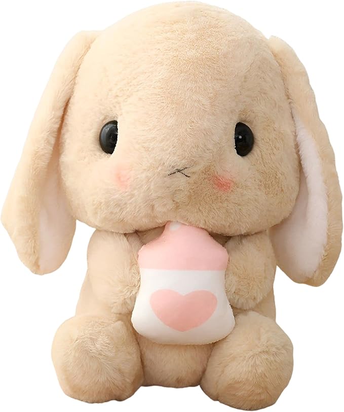 HOUPU Soft Toy - Sitting Lop Eared Rabbit, Easter White Rabbit Stuffed Bunny Animal with Carrot Soft Lovely Realistic Long-Eared Standing Pink Plush Toys (Brown-Milk Bottle,25.5in/65cm)