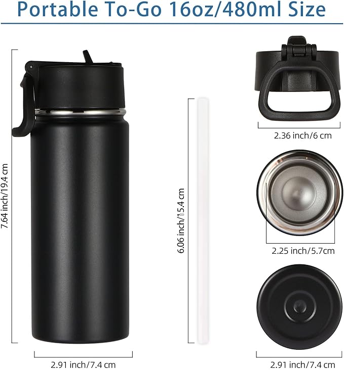 Volhoply 16 OZ Kids Water Bottle Bulk 4 Pack,Insulated Sports Bottles with Straw Lid,Stainless Steel Bottle with Handle Keep Cold & Hot,Double Wall Vacuum Tumbler Cups for School,Girls(Black, 4)