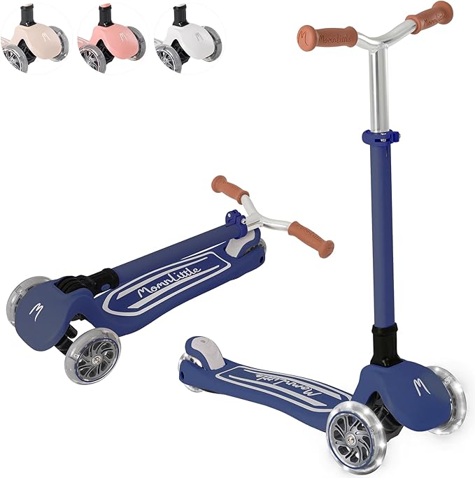Kick Scooter for Kids Ages 3-10 (Beige/Pink/Navy/White) 3 Wheeled with LED Light-Up Wheels CPSC Certified Foldable and 4 Height Adjustable Toddler Scooters for Boys Girls