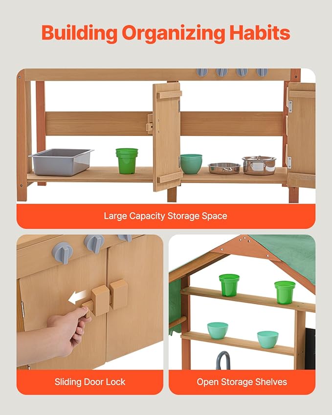 VEVOR Mud Kitchen with Canopy, Fir Wood Play Kitchen for Toddlers with Accessories, Mud Kitchen for Kids Outdoor Backyard with Stoves, Planter Boxes, 2 Sink, Faucet, Blackboard, Cookware Pot