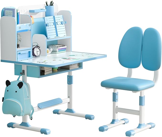 Upgraded Kid's Desk and Chair Set, Adjustable Children's Study Table with Bookshelf and Storage Drawer, 50-Degree Tiltable Desktop with Chair for Bedroom (Blue not Leaning)