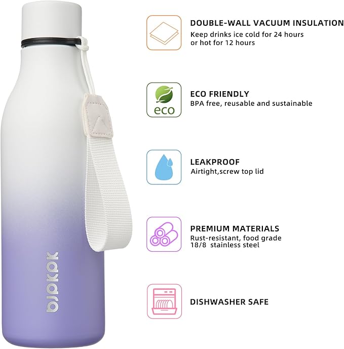 BJPKPK Insulated Water Bottles, 18 oz Stainless Steel Metal Water Bottle with Strap, BPA Free Leak Proof Thermo, Mugs, Flasks, Reusable Water Bottle for Sports & Travel, Lilac Elegance