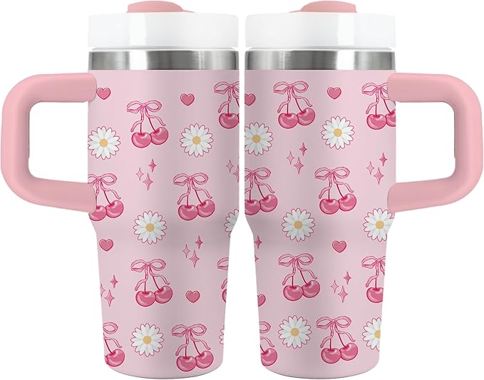 Cherry Bow Gifts for Girls - 14oz Kids Tumbler with Handle and Straw, Stainless Steel Insulated Water Cup, for Sport, School, Travel - Pink Bow Cherry Themed Children Birthday Gift Cup(1pc)