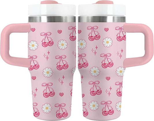 Cherry Bow Gifts for Girls - 14oz Kids Tumbler with Handle and Straw, Stainless Steel Insulated Water Cup, for Sport, School, Travel - Pink Bow Cherry Themed Children Birthday Gift Cup(1pc)