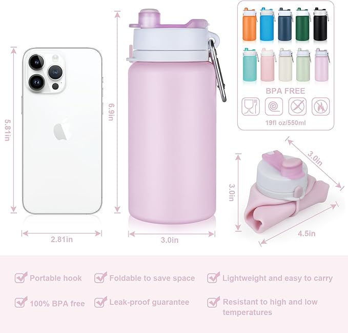 PLTCAT Collapsible Foldable BPA Free Reusable Lightweight Leak-Proof Travel Silicone Water Bottle for Travel, Gym, Hiking, Office, Camping