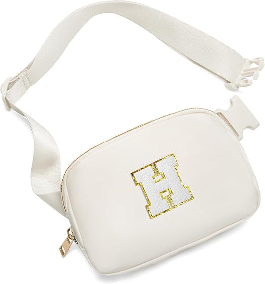 Gitus Birthday Gifts for 8 9 10 11 12 13 Year Old Girls Personalized Fanny Pack Crossbody Bags with Initial Letter Patch Belt Bag for Teen Girls Cute Trendy Stuff Travel Essentials (Ivory-H)