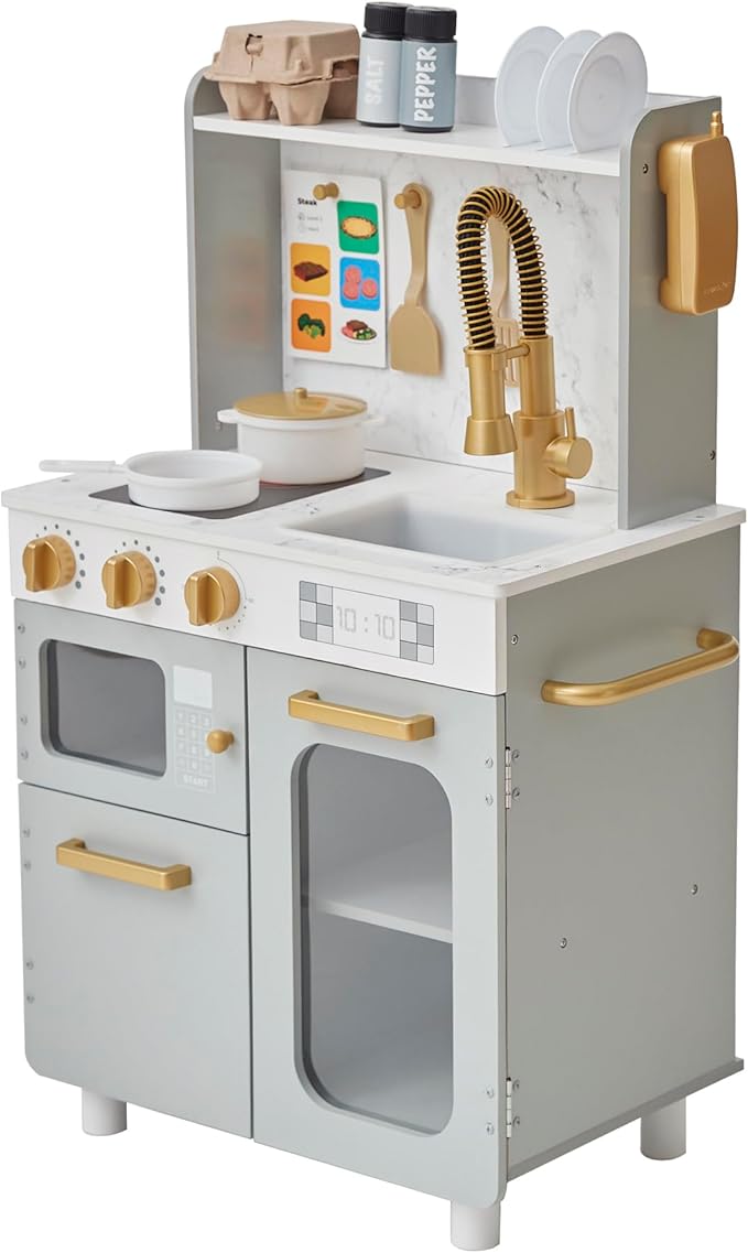Teamson Kids Little Chef Memphis Wooden Play Kitchen for Toddlers with 16 Accessories, Realistic Pretend Cooking Set with Microwave Oven Sink Faucet Storage for Kids Ages 3+ Gray Gold Marble