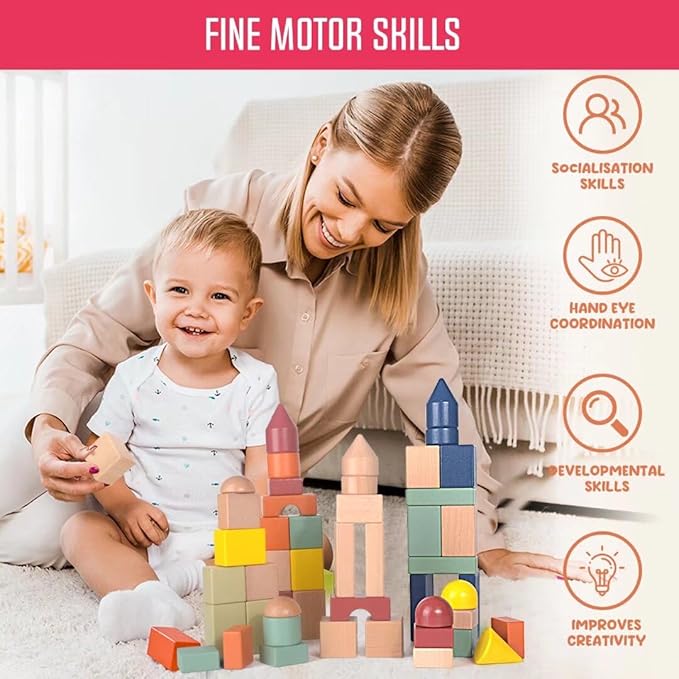 Migargle Large Wooden Building Blocks for Toddlers - Educational Preschool Learning Toys with Storage Bag, Innovative Shapes & Variety Colors to Build More Combinations （48Pcs）