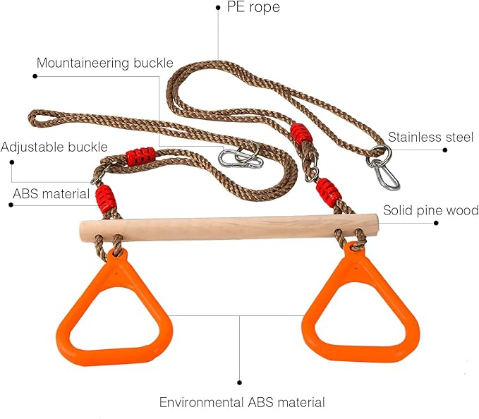 PELLOR Kids Trapeze Bar with Rings,Wooden Trapeze Swing Bar for Ninja Warrior Obstacle Course,Children's Swing Set Indoor Outdoor Garden,Yard,Playground