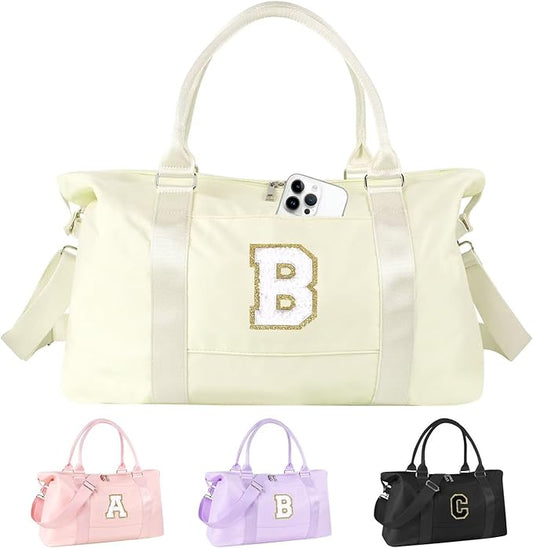 Dance Gym Duffel Bag for Teen Girls, Personalized Initial Travel Weekender Bag,Cute Overnight Carry On Duffle for Women,Sports Travel Cheer Bag,Monogram Christmas Gifts for Tween Preppy(beige-B)