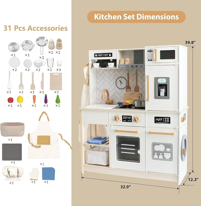 Freniland Wooden Play Kitchen, Kids Kitchen Playset with Real Light & Sound, Realistic Ice Maker,Stove Oven Chef Pretend Toy Kitchen Include 31 Accessories, Gift for Child Ages 3+ Toy Furniture