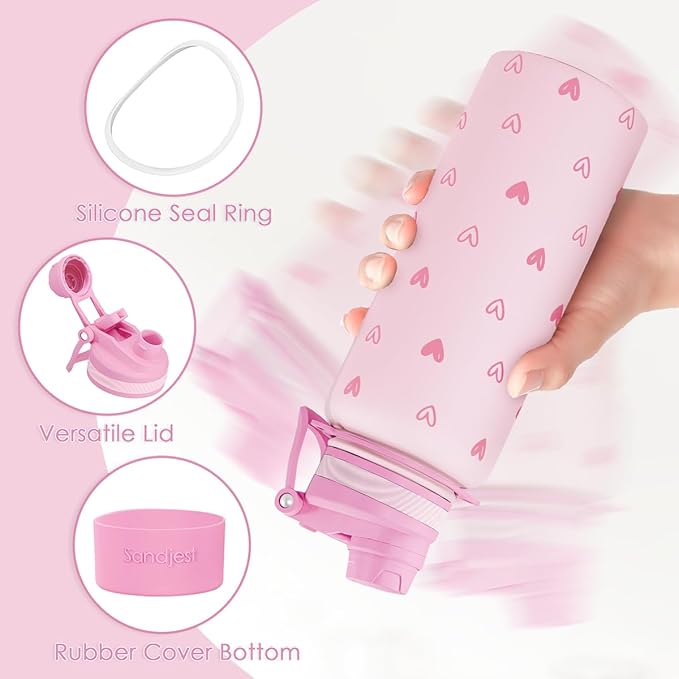 SANDJEST Pink Heart Stainless Steel Water Bottle with Strap 32oz, Insulated Bottles with Straw and Spout Lid for Gym Sports Travel Outdoor, Gifts for Women Girls Birthday Christmas