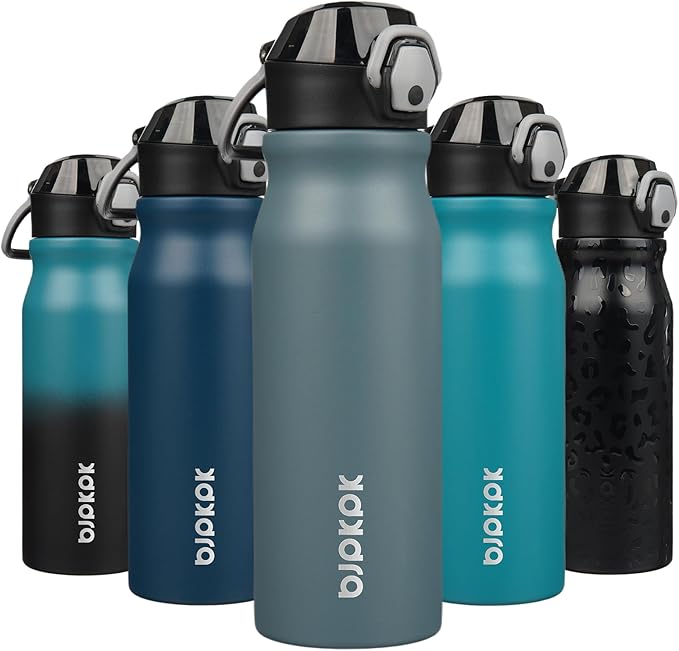 BJPKPK 25oz Insulated Water Bottle with Straw Stainless Steel Double Wall Water Bottles BPA Free Leak Proof Thermal Flask with Lockable Flip Lid,Dark Grey