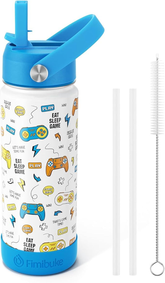 Fimibuke Kids Insulated Water Bottle, 18oz BPA FREE 18/8 Stainless Steel Kids Cup with Straw Travel Tumbler Double Wall Vacuum Leak Proof Toddler Water Bottle for School Boys Girls(1 Pack, Game)