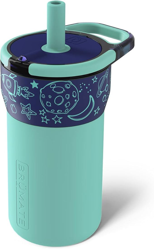 BrüMate Leap 12oz 100% Leakproof Kids Tumbler with Handle and Silicone Soft Straw | Drop Resistant Silicone Sleeve | For Kids 4+ | Insulated Stainless Steel | Cup Holder Friendly | 12oz (Outer Space)