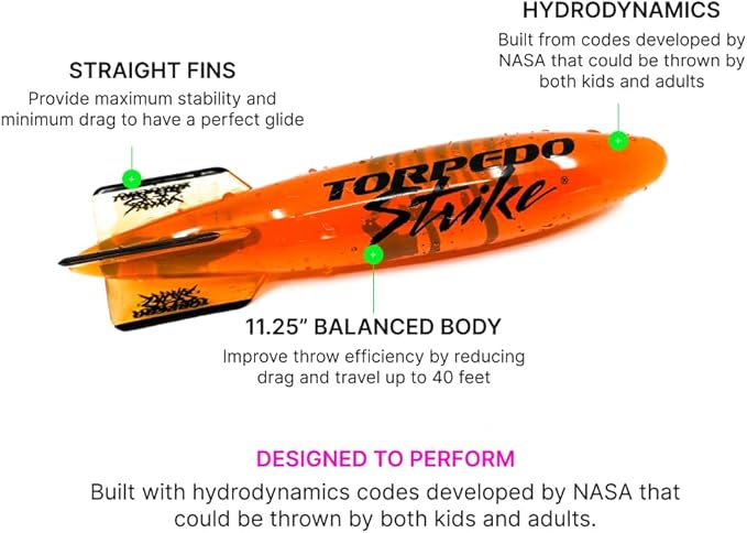 DartFin 11.25" Pro Size Ultra Premium Pool Torpedo Rocket Glides Up to 40 Feet Like Underwater Football for Underwater Passing Games Underwater Torpedo Large Diving Toy Glider (Orange)