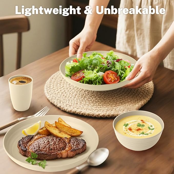 Wheat Straw Dishes Set Service for 8, Reusable Plastic Dinnerware Set 32 PCS, Kitchen Plates and Bowls sets, Unbreakable Microwave and Dishwasher Safe Camping Dishes for RV, Outdoor - Beige