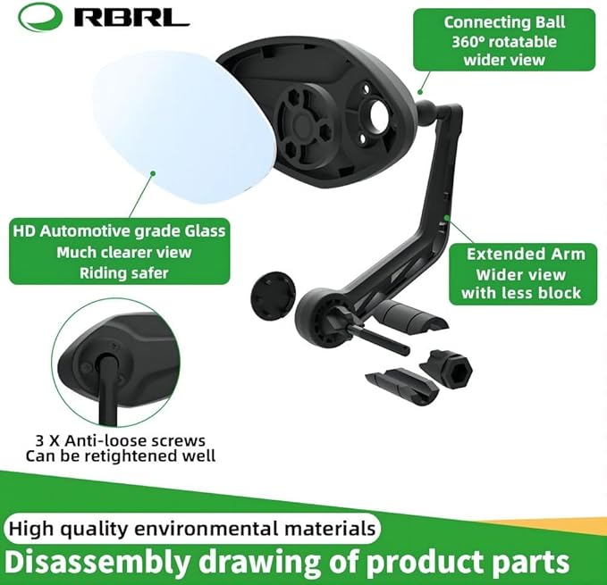 RBRL Bike Mirror Bar End Bike Mirror, Rotatable Bicycle Mirror, Automotive Grade Glass Bike Side Mirrors, Scratch Resistant E-Bike Universal Rearview Mirrors for Mountain bike (Left)
