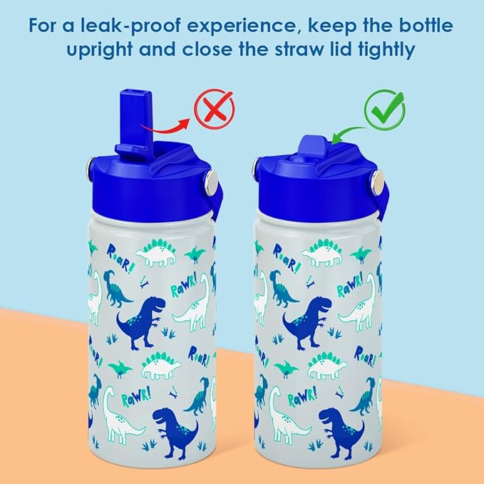 SANDJEST Kid Water Bottle 12oz with Straw Lid - 2-Pack Insulated Stainless Steel Water Bottles for Kids Girls - Travel Cup for School Sports, Construction & Dinosaur