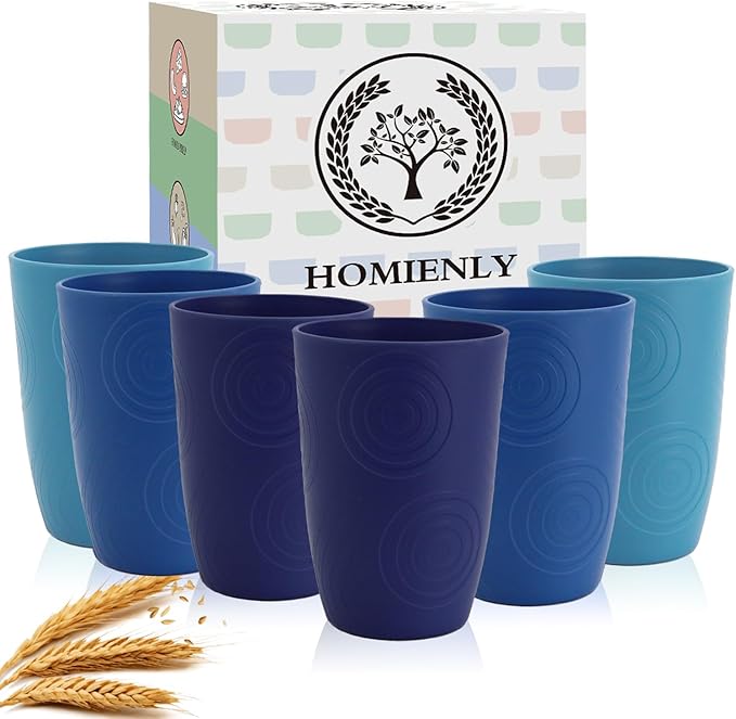 Homienly Wheat Straw Cups 6 PCS Plastic Cups Reusable Unbreakable Drinking Cup Dishwasher Safe Water Glasses (16 OZ,Blue Sky)