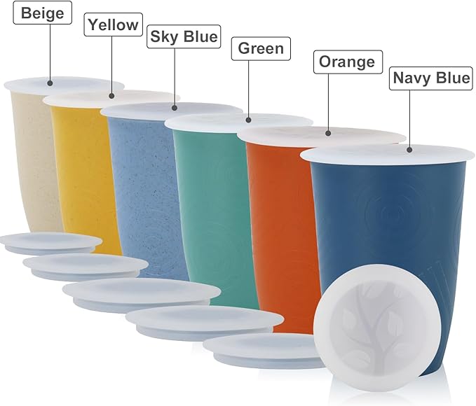 Wheat Straw Cups with Silicone Covers 16oz Set of 6 - Alternative Plastic Cups Microwave & Dishwasher Safe - Plastic Drinking Cups Unbreakable for Kids