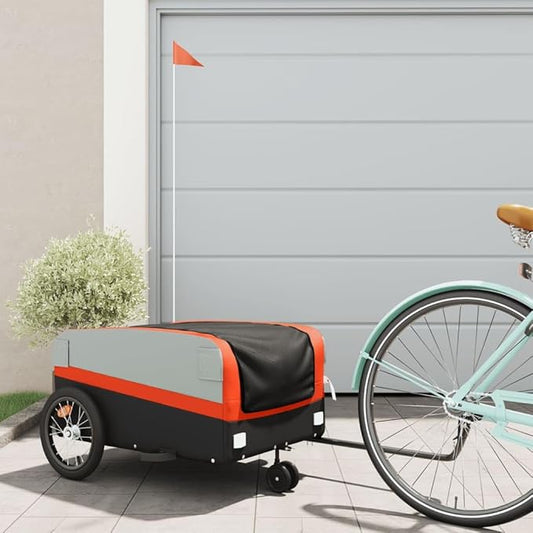 Bike Trailer Bicycle Cargo Trailer, Bike Wagon Trailer, Bike Cart with Safety Flag, Black and Orange 99.2 lb Iron, 54.3"x27.2"x22.8"