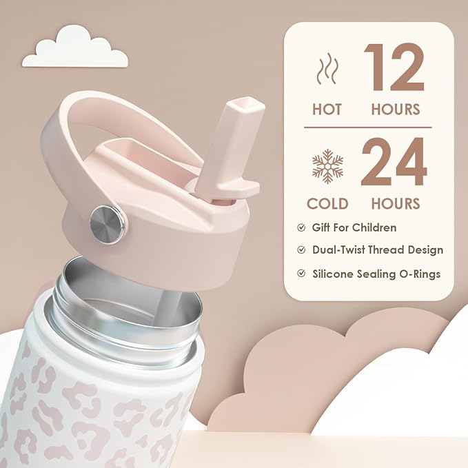 Beige Leopard Print Kids Water Bottle with Straw Lid 12oz Insulated Stainless Steel, Travel Tumbler, Gifts for Girls, Birthday, Christmas, Back to School
