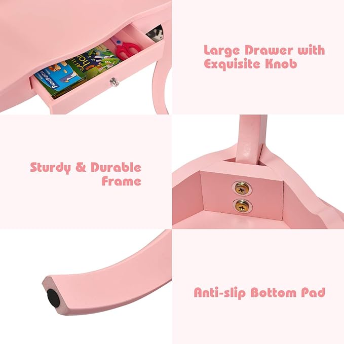 Costzon Kids Wooden Vanity Table & Stool Set, 2 in 1 Detachable Design with Dressing Table and Writing Desk, Princess Makeup Dressing Table with Two 180° Folding Mirror, for Girls, Kids (Pink)