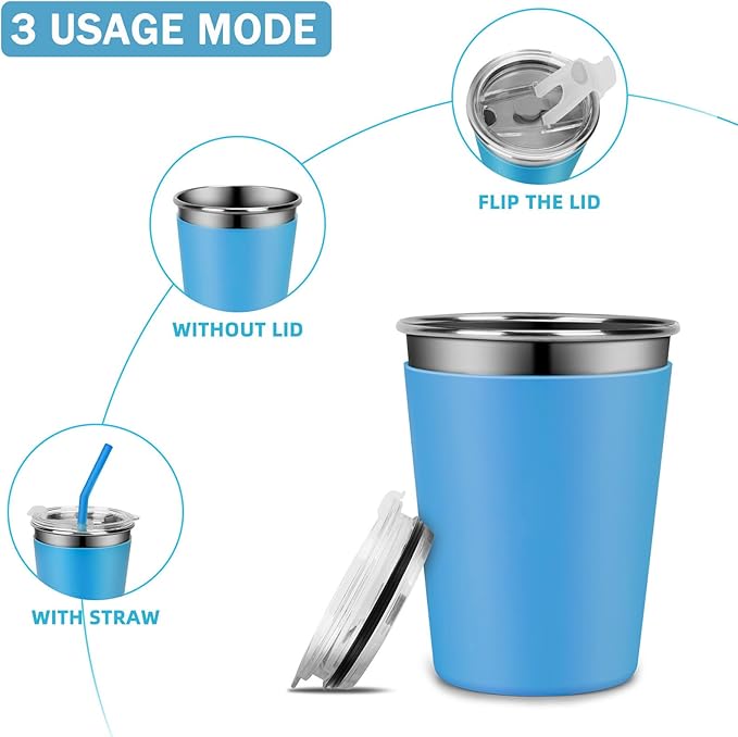 2 Pack Kids Cups with Straws and Lids Leak Proof, 12oz Sippy Cups for Toddlers with Colorful Sleeves, Unbreakable Stainless Steel Water Tumblers (Blue & Peach)