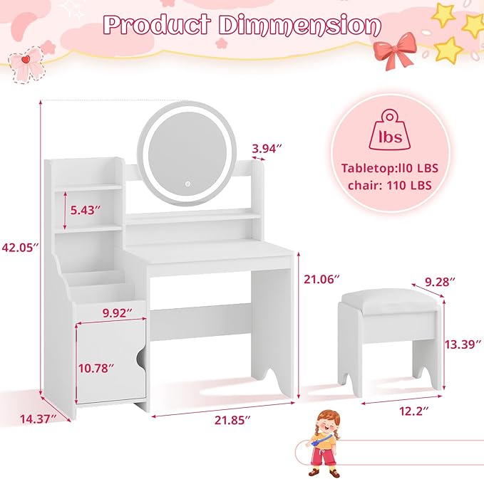 Vabches Kids Vanity with Lights, Princess Makeup Vanity Desk with Open Bookshelf, Storage Cabinet & Shelves, Toddler Vanity Table and Chair Set, Pretend Play Vanity Set for Little Girls, White