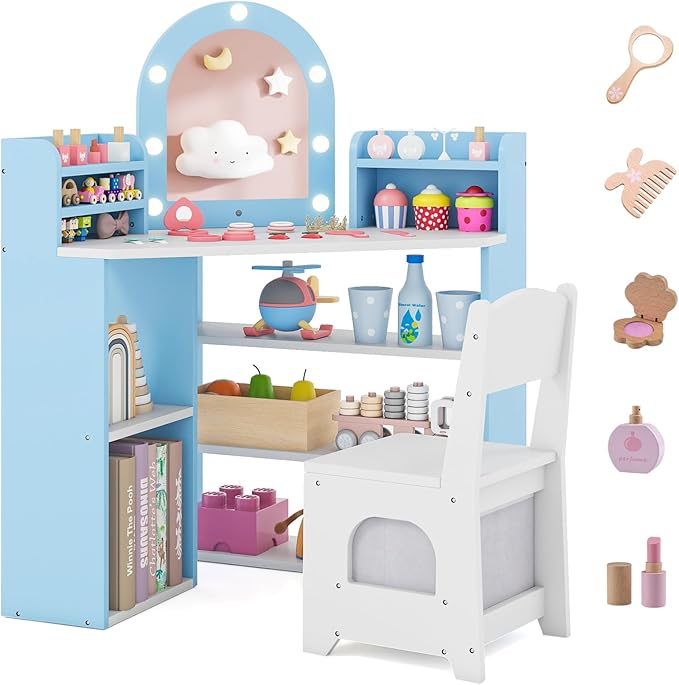 Costzon Kids Vanity with Lights, Corner Vanity Desk with Mirror, Storage Shelves, Wooden Princess Toddler Makeup Dressing Table, Kids Vanity Table and Chair Set for Little Girls (Blue)