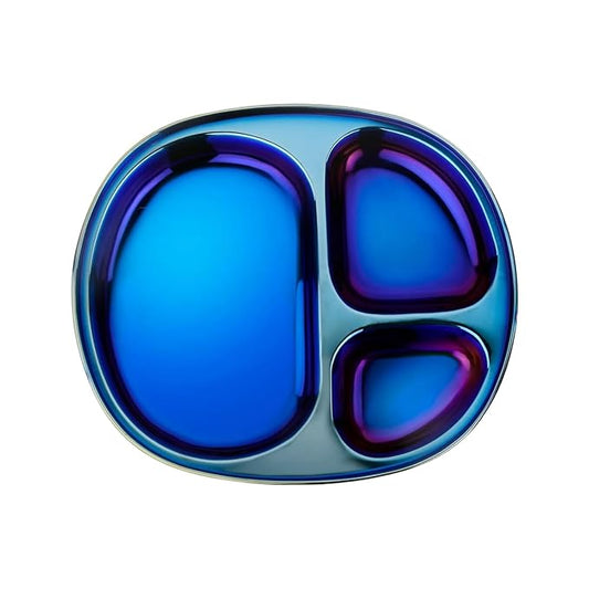 Ahimsa Stainless Steel Kids Plate, Pediatrician Designed Divided Toddler & Baby Plates, Non Toxic, Unbreakable & Dishwasher Safe, Iridescent Blue
