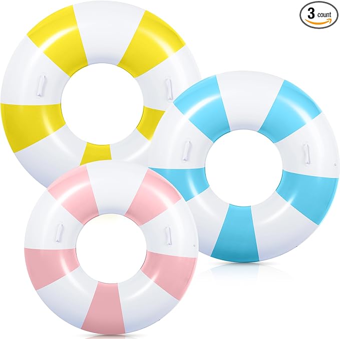 3 Pcs Large Swim Ring with Handles Set 47.24" 39.37" 35.43" Inflatable Pool Inner Tube Classic Striped Pool Ring Floats for Adults Teens Summer Lounger Beach Party Supplies