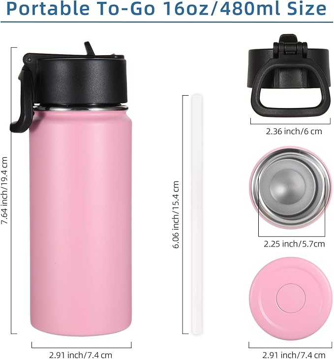 Volhoply 16 OZ Kids Water Bottle Bulk 4 Pack,Insulated Sports Bottles with Straw Lid,Stainless Steel Bottle with Handle Keep Cold & Hot,Double Wall Vacuum Tumbler Cups for School,Girls(Pink, 4)