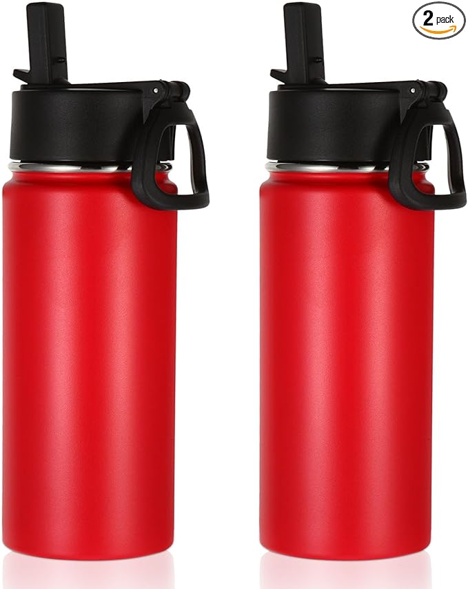 Volhoply 16 OZ Kids Water Bottle Bulk 2 Pack,Insulated Sports Bottles with Straw Lid,Stainless Steel Bottle with Handle Keep Cold & Hot,Double Wall Vacuum Tumbler Cups for School,Girls(Red, 2)