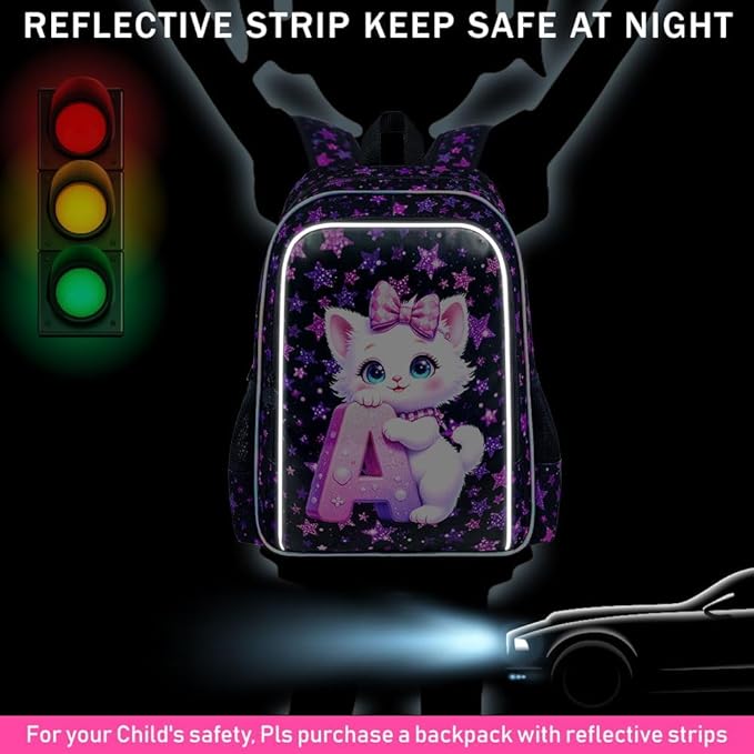 CCJPX 16" Cat Backpack for School, 3Pcs Girls Kids Bookbag with Lunch Box, Water Resistant Elementary School Bag for Kindergarten Preschool Toddler (Black)