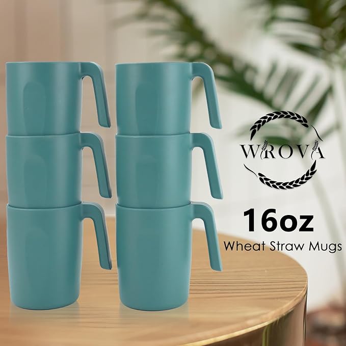 16oz Wheat Straw Cups with handles set of 6-Plastic Cups Reusable-Unbreakable Kids Mugs-Dishwasher Safe & Microwave Safe-Ideal Plastic Mugs for Tea,Coffee,Camping,RV-Green