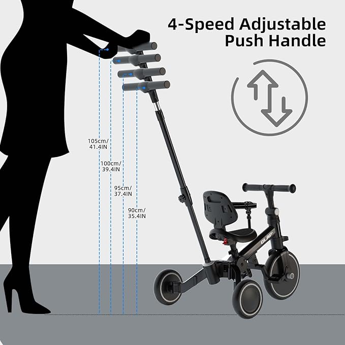 Glaf Toddler Bike Tricycle with Push Handle for 1-3 Years Old Baby Boys and Girls Kids Trike Balance Bike Birthday Toy with Removable Pedals Adjustable Seat Height and Backrest (Black)